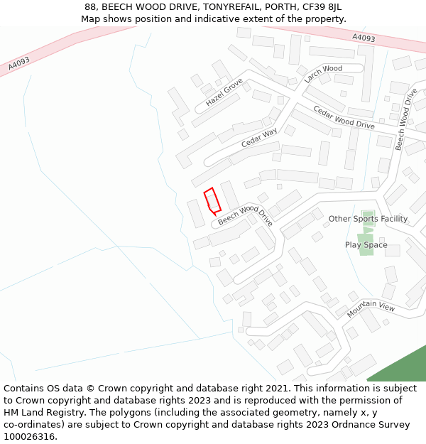 88, BEECH WOOD DRIVE, TONYREFAIL, PORTH, CF39 8JL: Location map and indicative extent of plot