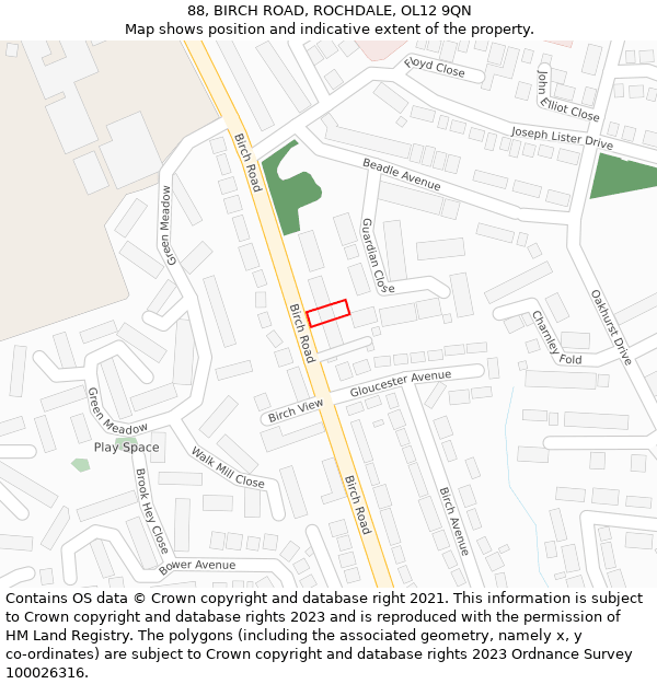 88, BIRCH ROAD, ROCHDALE, OL12 9QN: Location map and indicative extent of plot