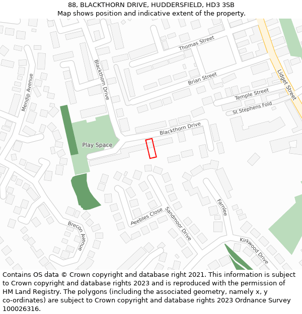 88, BLACKTHORN DRIVE, HUDDERSFIELD, HD3 3SB: Location map and indicative extent of plot
