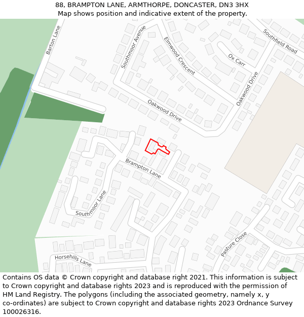 88, BRAMPTON LANE, ARMTHORPE, DONCASTER, DN3 3HX: Location map and indicative extent of plot
