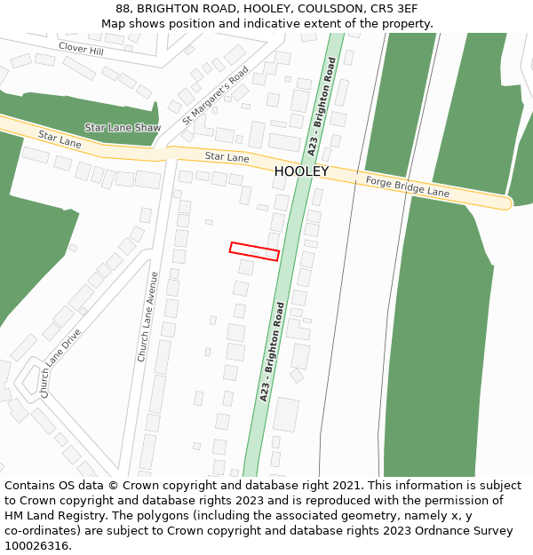 88, BRIGHTON ROAD, HOOLEY, COULSDON, CR5 3EF: Location map and indicative extent of plot