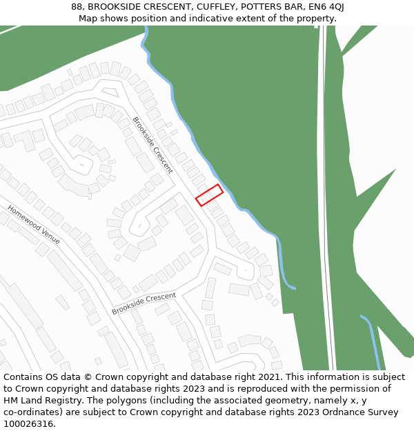 88, BROOKSIDE CRESCENT, CUFFLEY, POTTERS BAR, EN6 4QJ: Location map and indicative extent of plot