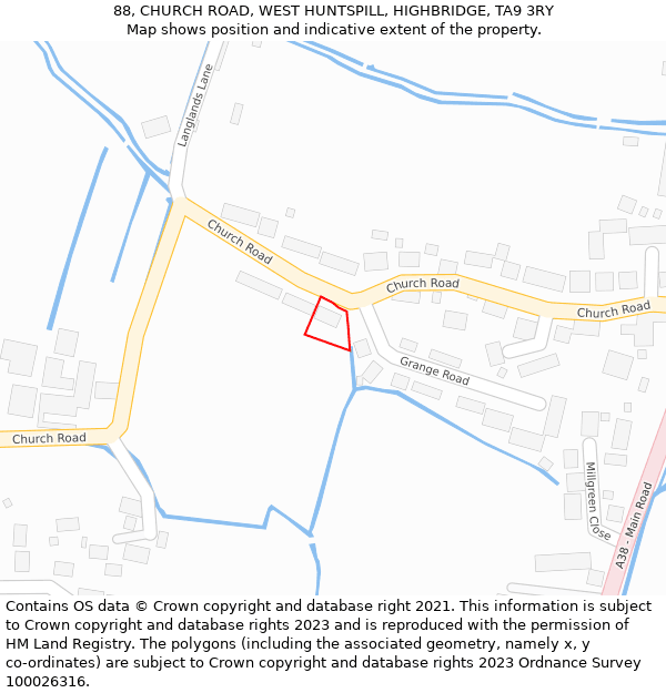 88, CHURCH ROAD, WEST HUNTSPILL, HIGHBRIDGE, TA9 3RY: Location map and indicative extent of plot