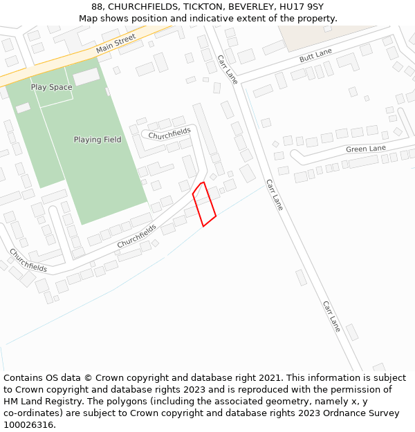 88, CHURCHFIELDS, TICKTON, BEVERLEY, HU17 9SY: Location map and indicative extent of plot