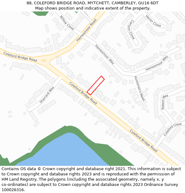 88, COLEFORD BRIDGE ROAD, MYTCHETT, CAMBERLEY, GU16 6DT: Location map and indicative extent of plot