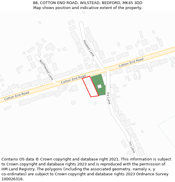 88, COTTON END ROAD, WILSTEAD, BEDFORD, MK45 3DD: Location map and indicative extent of plot