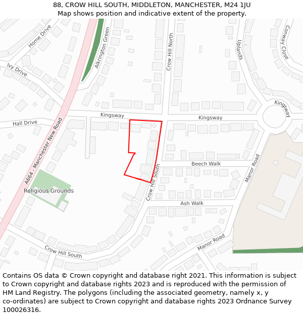 88, CROW HILL SOUTH, MIDDLETON, MANCHESTER, M24 1JU: Location map and indicative extent of plot