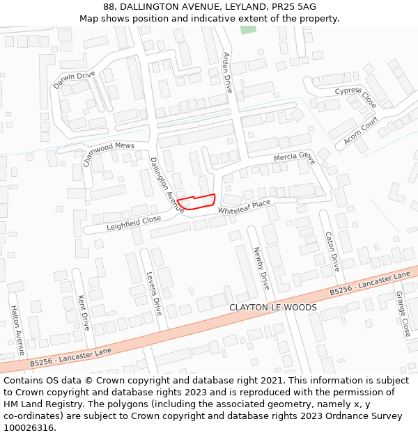 88, DALLINGTON AVENUE, LEYLAND, PR25 5AG: Location map and indicative extent of plot