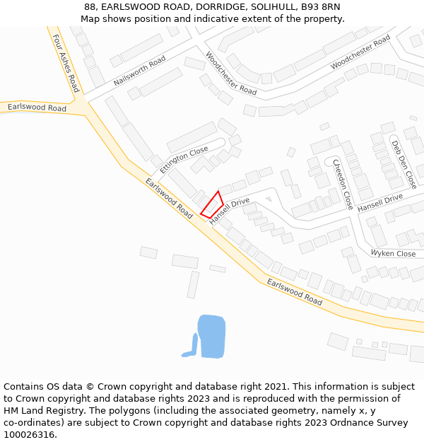 88, EARLSWOOD ROAD, DORRIDGE, SOLIHULL, B93 8RN: Location map and indicative extent of plot