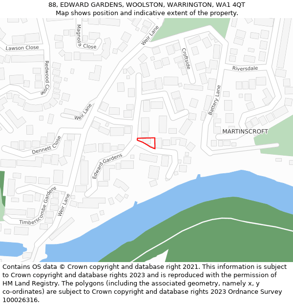 88, EDWARD GARDENS, WOOLSTON, WARRINGTON, WA1 4QT: Location map and indicative extent of plot