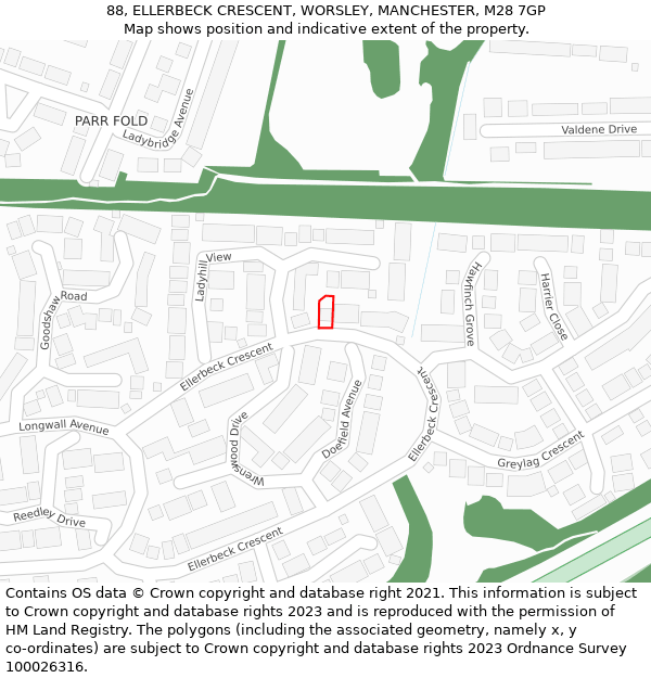 88, ELLERBECK CRESCENT, WORSLEY, MANCHESTER, M28 7GP: Location map and indicative extent of plot