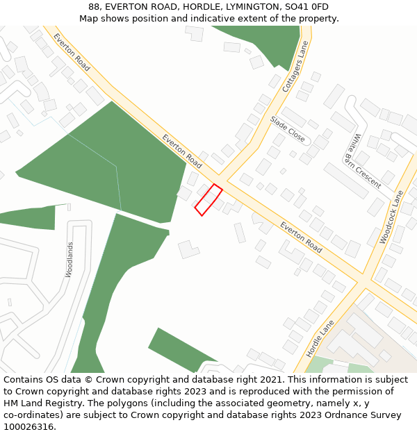 88, EVERTON ROAD, HORDLE, LYMINGTON, SO41 0FD: Location map and indicative extent of plot
