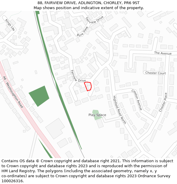 88, FAIRVIEW DRIVE, ADLINGTON, CHORLEY, PR6 9ST: Location map and indicative extent of plot