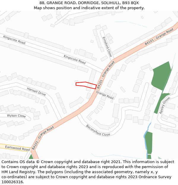 88, GRANGE ROAD, DORRIDGE, SOLIHULL, B93 8QX: Location map and indicative extent of plot