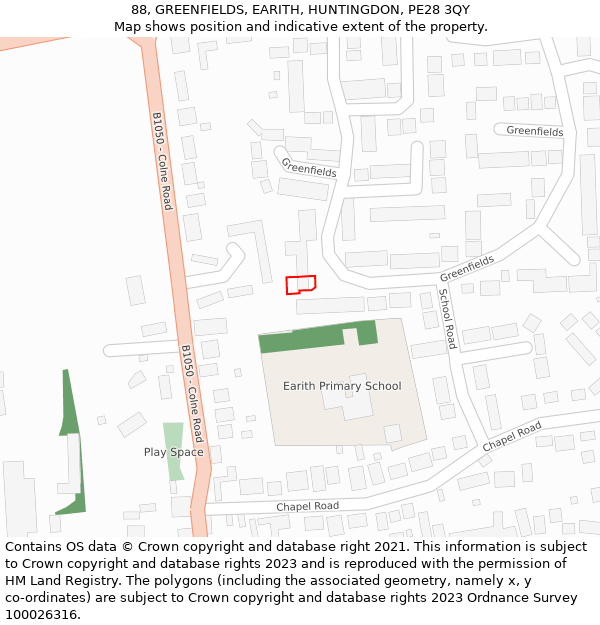 88, GREENFIELDS, EARITH, HUNTINGDON, PE28 3QY: Location map and indicative extent of plot