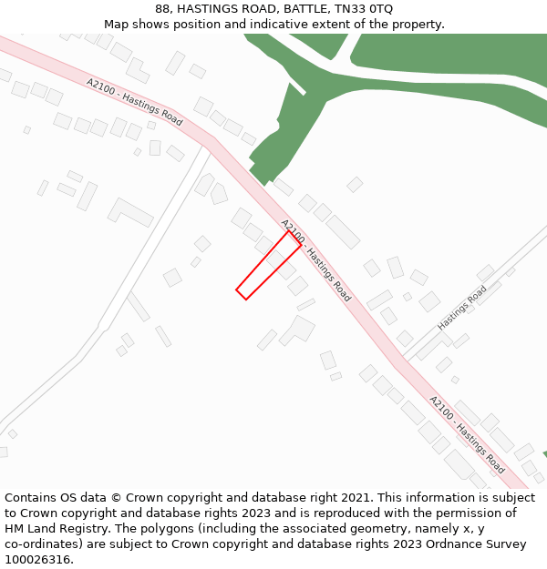 88, HASTINGS ROAD, BATTLE, TN33 0TQ: Location map and indicative extent of plot