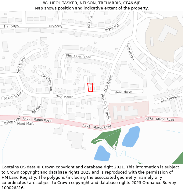 88, HEOL TASKER, NELSON, TREHARRIS, CF46 6JB: Location map and indicative extent of plot