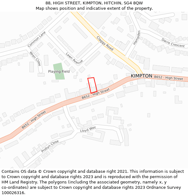 88, HIGH STREET, KIMPTON, HITCHIN, SG4 8QW: Location map and indicative extent of plot