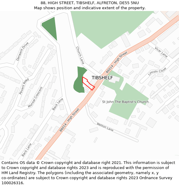 88, HIGH STREET, TIBSHELF, ALFRETON, DE55 5NU: Location map and indicative extent of plot