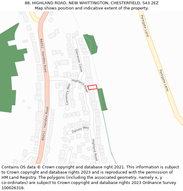 88, HIGHLAND ROAD, NEW WHITTINGTON, CHESTERFIELD, S43 2EZ: Location map and indicative extent of plot