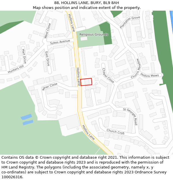 88, HOLLINS LANE, BURY, BL9 8AH: Location map and indicative extent of plot