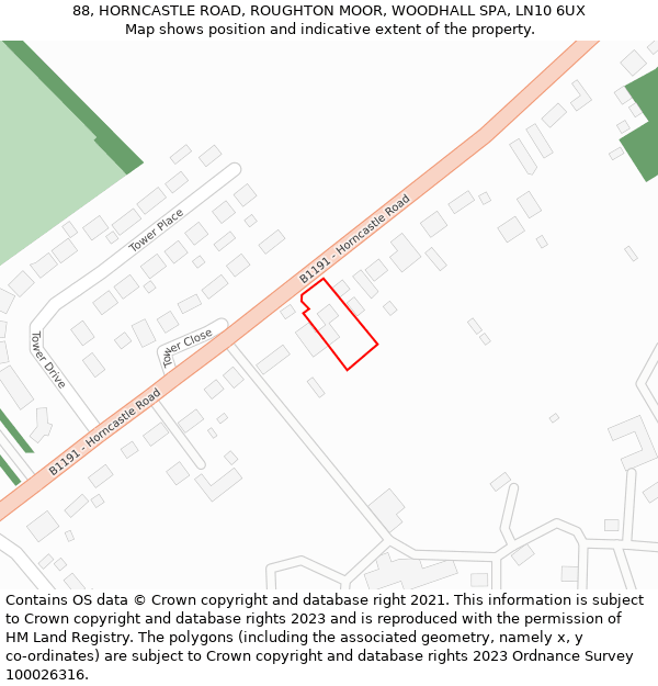 88, HORNCASTLE ROAD, ROUGHTON MOOR, WOODHALL SPA, LN10 6UX: Location map and indicative extent of plot