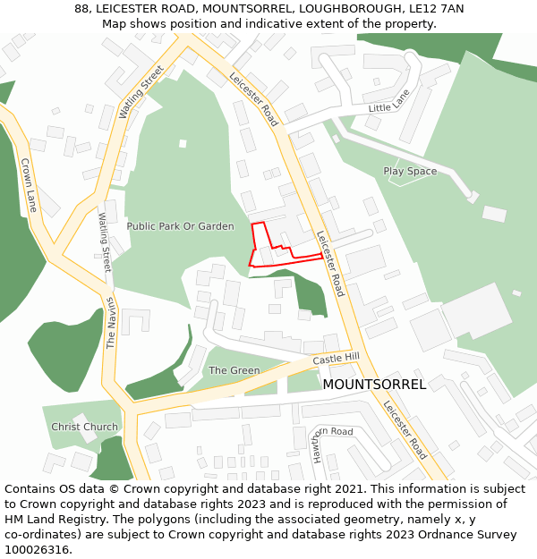 88, LEICESTER ROAD, MOUNTSORREL, LOUGHBOROUGH, LE12 7AN: Location map and indicative extent of plot