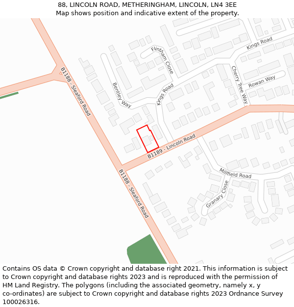 88, LINCOLN ROAD, METHERINGHAM, LINCOLN, LN4 3EE: Location map and indicative extent of plot