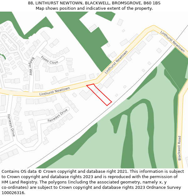88, LINTHURST NEWTOWN, BLACKWELL, BROMSGROVE, B60 1BS: Location map and indicative extent of plot