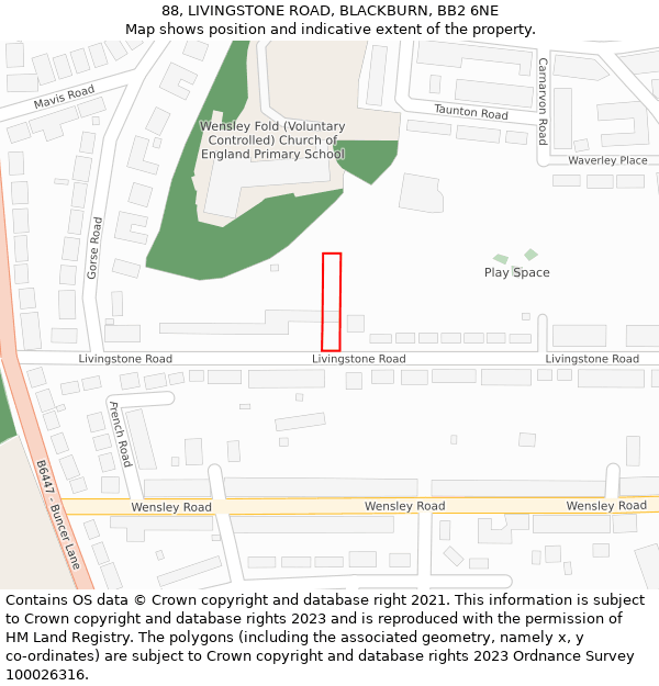 88, LIVINGSTONE ROAD, BLACKBURN, BB2 6NE: Location map and indicative extent of plot