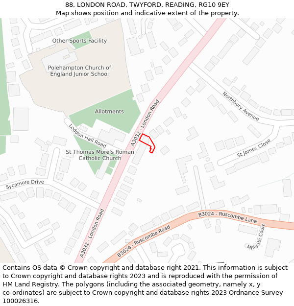 88, LONDON ROAD, TWYFORD, READING, RG10 9EY: Location map and indicative extent of plot