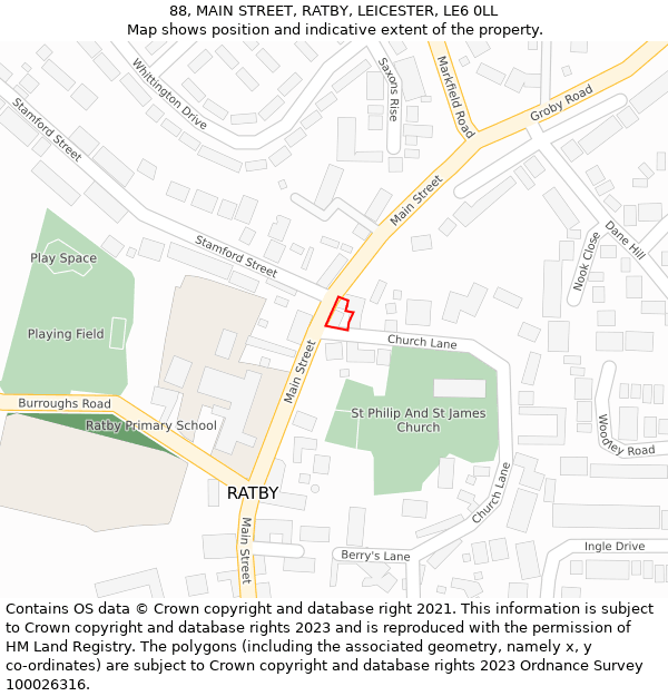 88, MAIN STREET, RATBY, LEICESTER, LE6 0LL: Location map and indicative extent of plot