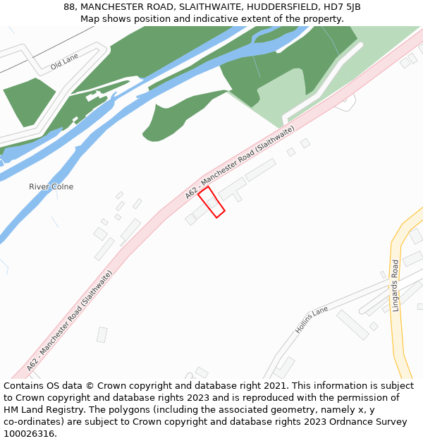 88, MANCHESTER ROAD, SLAITHWAITE, HUDDERSFIELD, HD7 5JB: Location map and indicative extent of plot