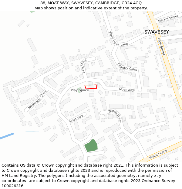88, MOAT WAY, SWAVESEY, CAMBRIDGE, CB24 4GQ: Location map and indicative extent of plot