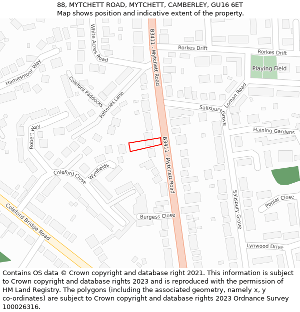 88, MYTCHETT ROAD, MYTCHETT, CAMBERLEY, GU16 6ET: Location map and indicative extent of plot