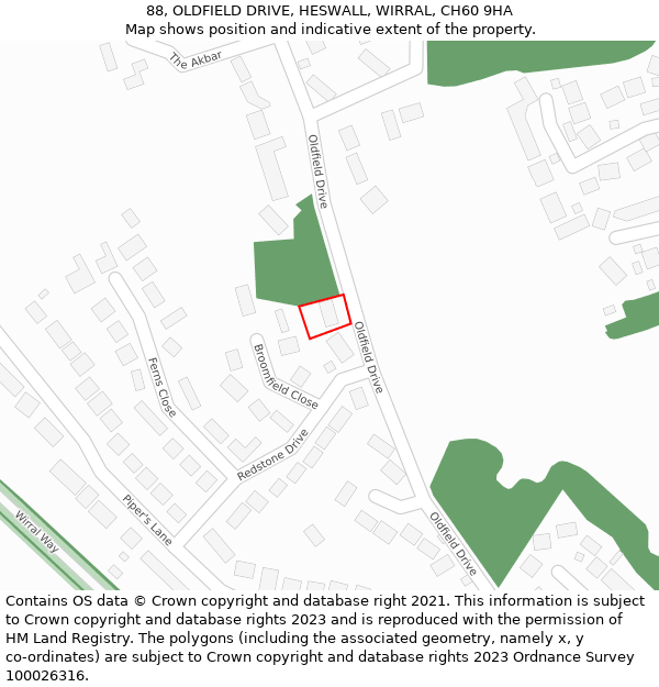 88, OLDFIELD DRIVE, HESWALL, WIRRAL, CH60 9HA: Location map and indicative extent of plot