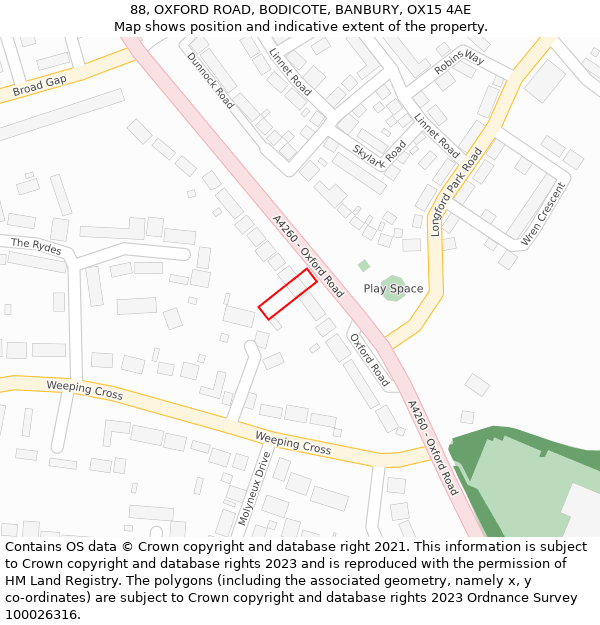 88, OXFORD ROAD, BODICOTE, BANBURY, OX15 4AE: Location map and indicative extent of plot