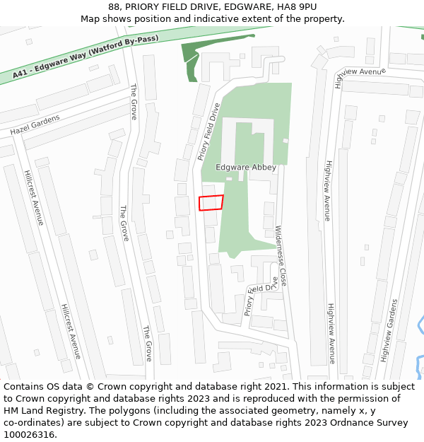 88, PRIORY FIELD DRIVE, EDGWARE, HA8 9PU: Location map and indicative extent of plot