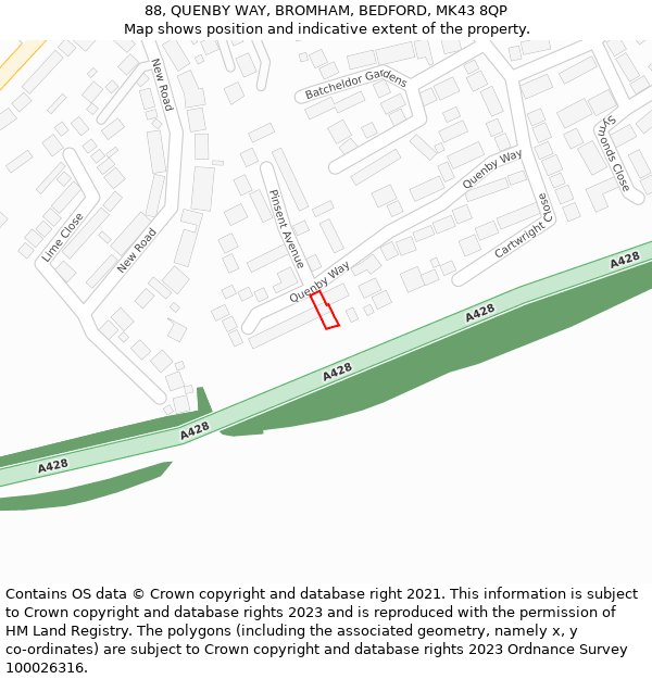 88, QUENBY WAY, BROMHAM, BEDFORD, MK43 8QP: Location map and indicative extent of plot