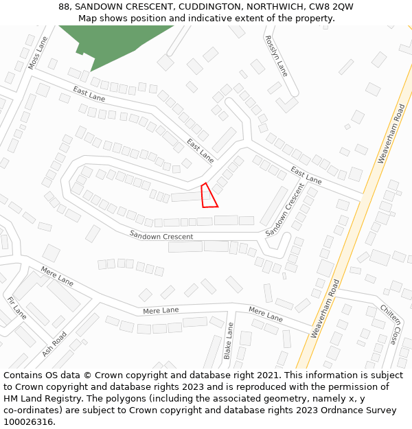 88, SANDOWN CRESCENT, CUDDINGTON, NORTHWICH, CW8 2QW: Location map and indicative extent of plot