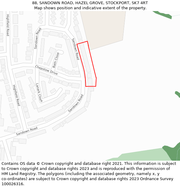 88, SANDOWN ROAD, HAZEL GROVE, STOCKPORT, SK7 4RT: Location map and indicative extent of plot