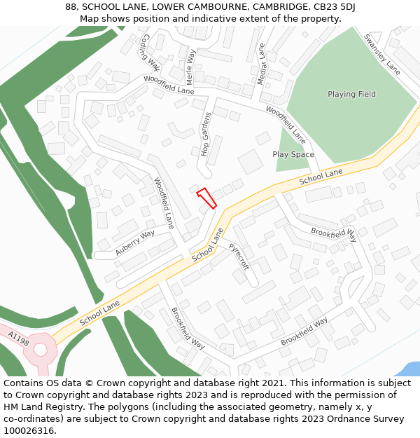 88, SCHOOL LANE, LOWER CAMBOURNE, CAMBRIDGE, CB23 5DJ: Location map and indicative extent of plot