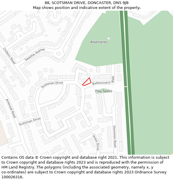 88, SCOTSMAN DRIVE, DONCASTER, DN5 9JB: Location map and indicative extent of plot