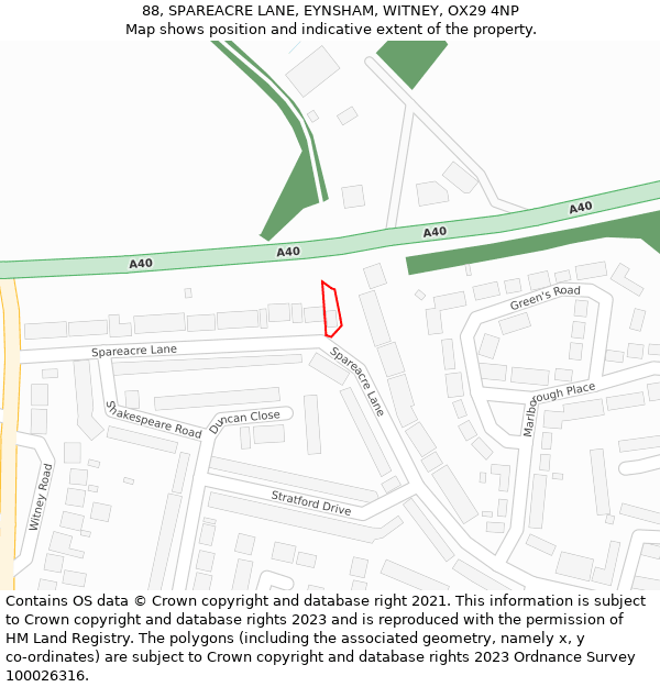 88, SPAREACRE LANE, EYNSHAM, WITNEY, OX29 4NP: Location map and indicative extent of plot