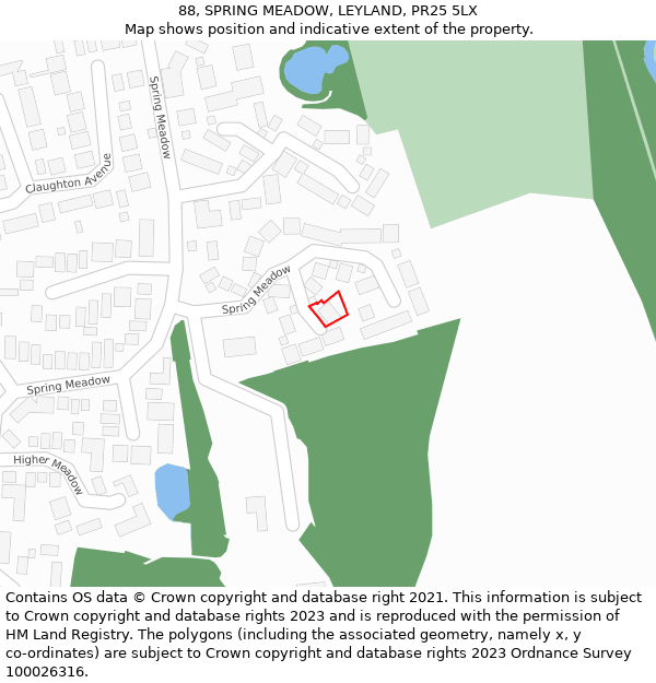 88, SPRING MEADOW, LEYLAND, PR25 5LX: Location map and indicative extent of plot