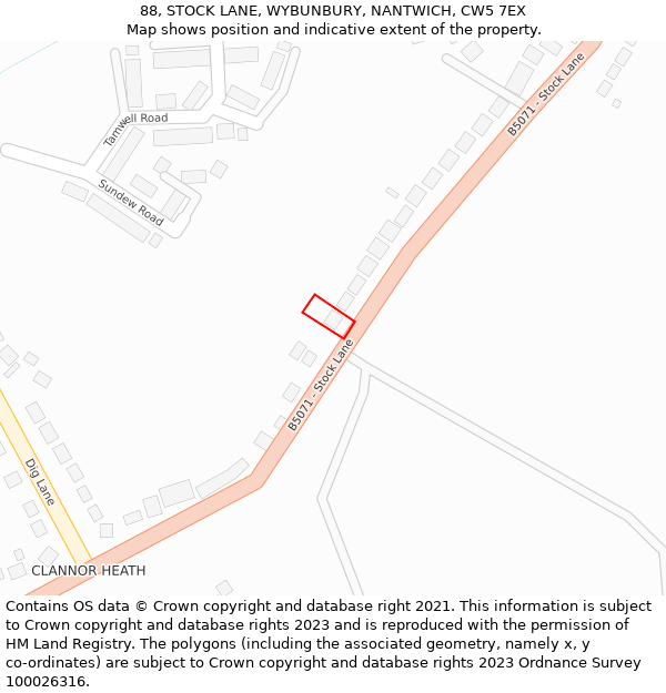 88, STOCK LANE, WYBUNBURY, NANTWICH, CW5 7EX: Location map and indicative extent of plot