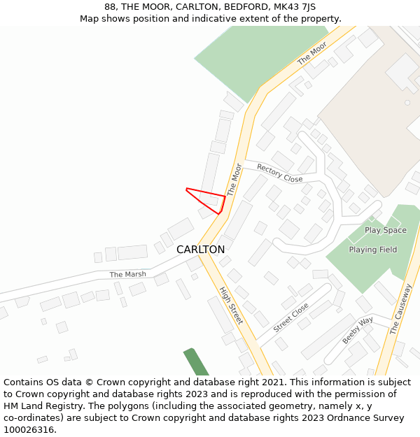 88, THE MOOR, CARLTON, BEDFORD, MK43 7JS: Location map and indicative extent of plot