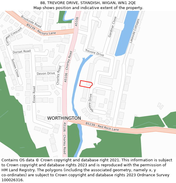 88, TREVORE DRIVE, STANDISH, WIGAN, WN1 2QE: Location map and indicative extent of plot