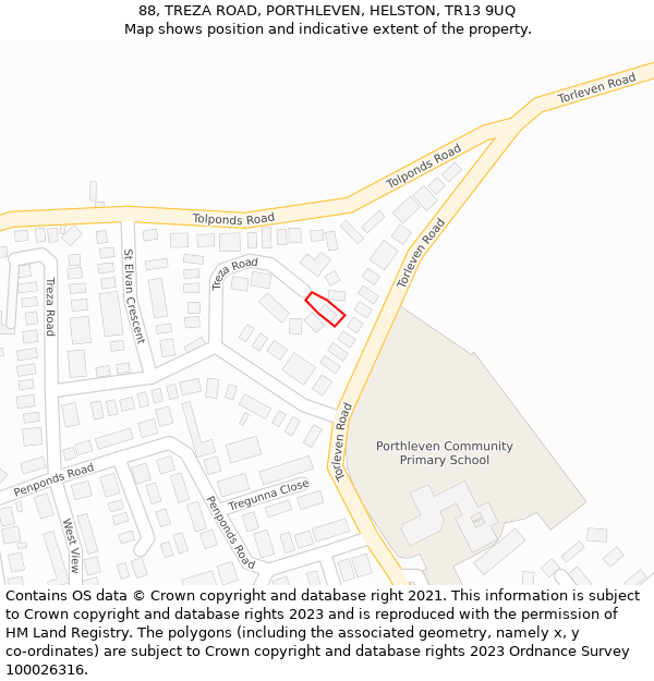 88, TREZA ROAD, PORTHLEVEN, HELSTON, TR13 9UQ: Location map and indicative extent of plot