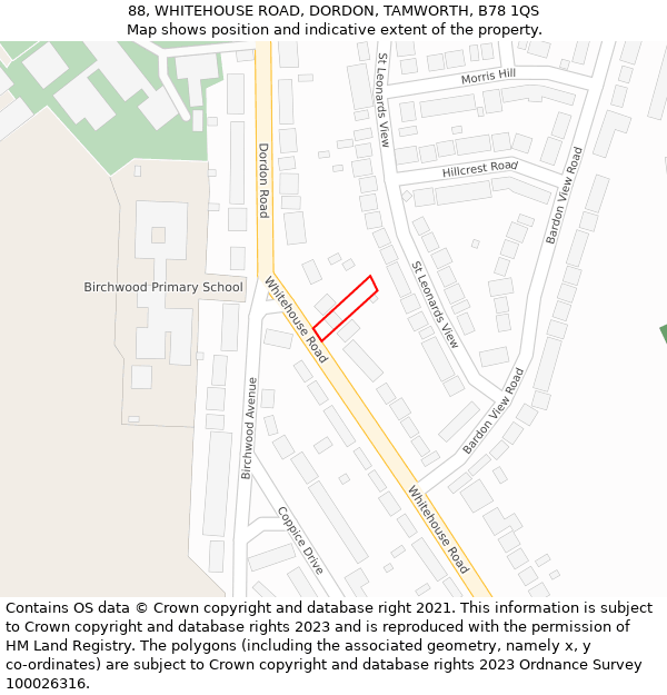 88, WHITEHOUSE ROAD, DORDON, TAMWORTH, B78 1QS: Location map and indicative extent of plot